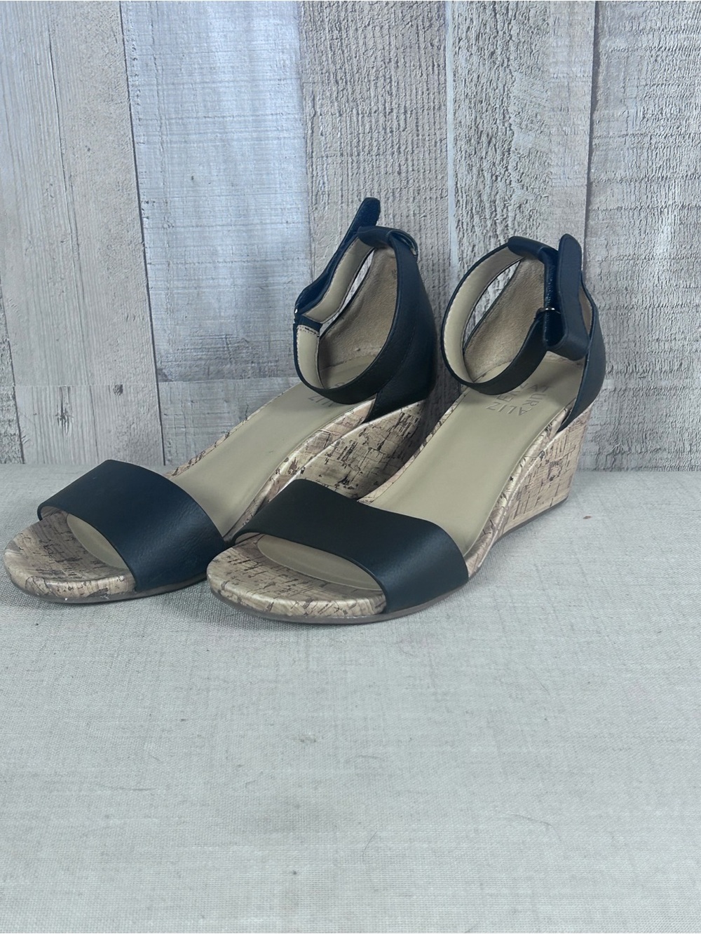 Naturalizer Vegan Leather Black Cork Look Wedge Sandals Boho 8W Ankle Strap